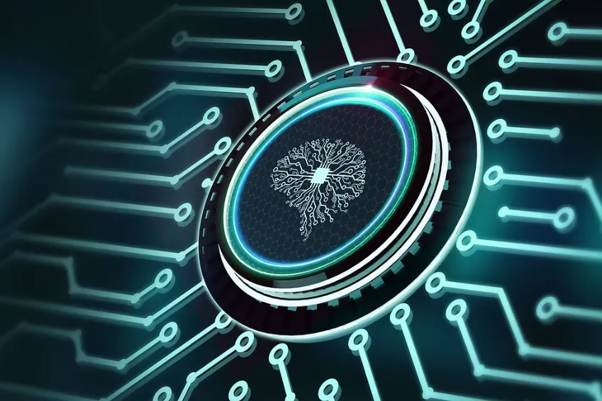 Glowing circular microchip with a branching circuit pattern, surrounded by turquoise lines on a dark circuit board.